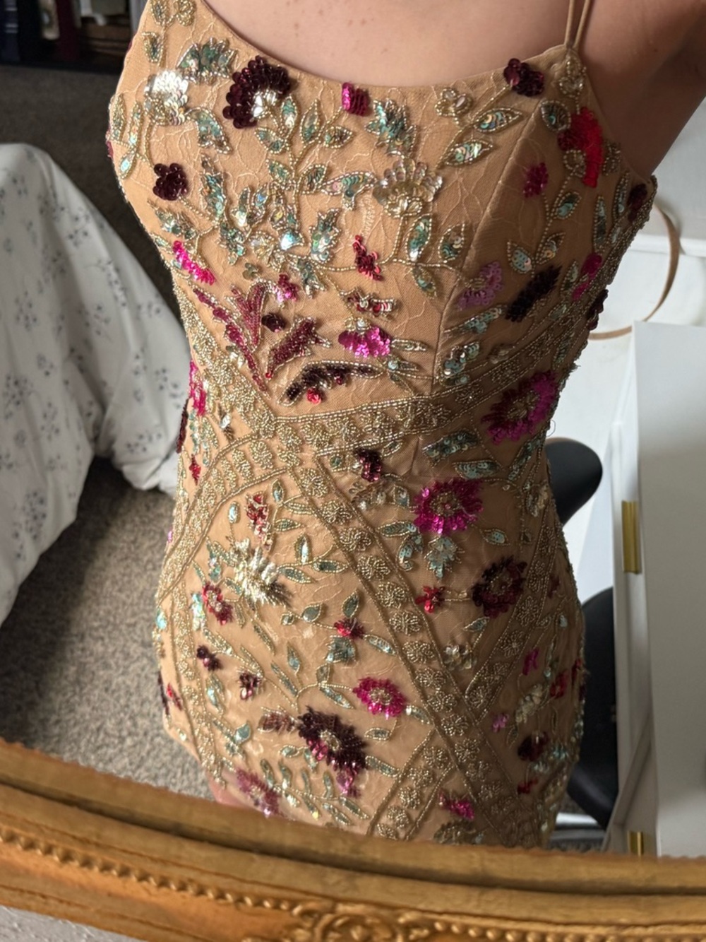 Sherri Hill Beige Sequin Floral Mini Dress - Picture 4 of 6